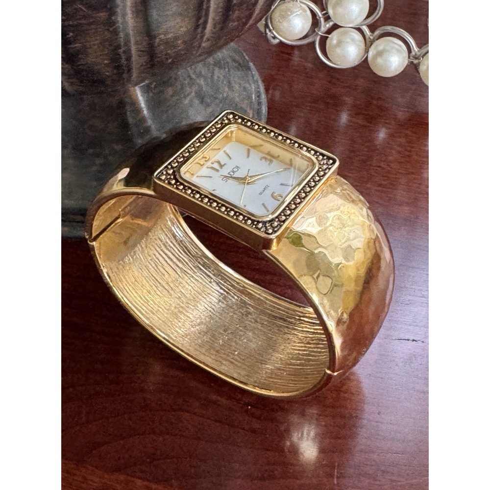 Studio STD2458 Womens HammeredCuff Bracelet Watch Square Beaded Bezel Japan Movt